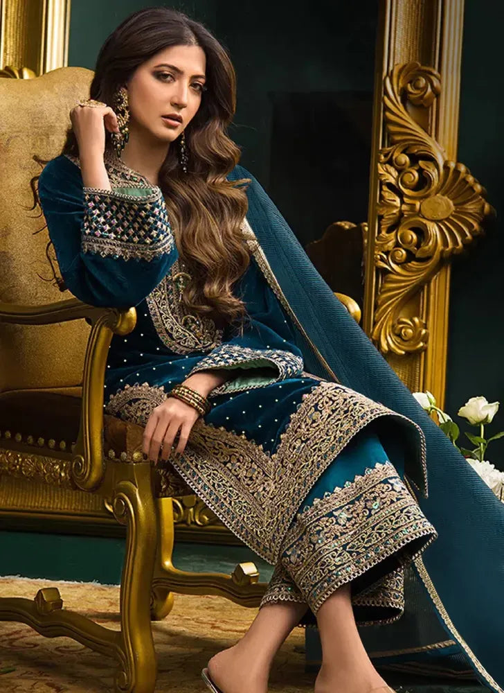 3 Piece Embroidered Velvet Shirt and Trouser AJ 1025