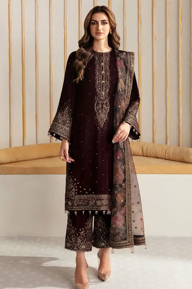 3 Piece Embroidered Velvet Shirt and Trouser with Printed Organza Dupatta BQ 1015