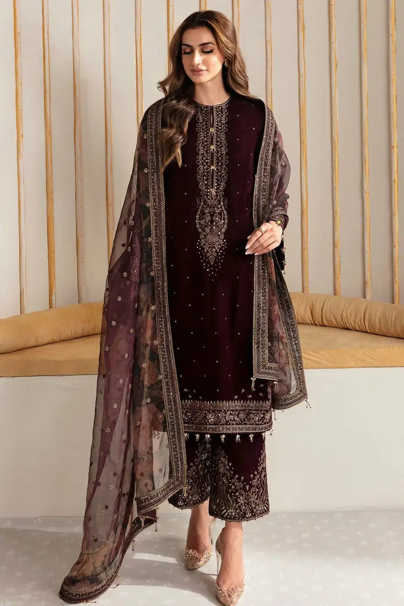 3 Piece Embroidered Velvet Shirt and Trouser with Printed Organza Dupatta BQ 1015