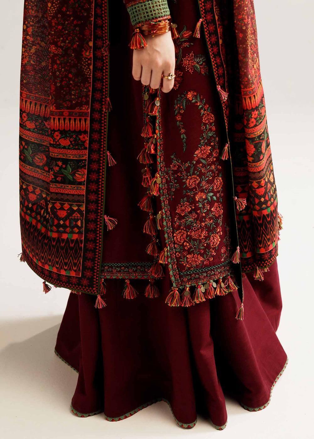 3 Piece Embroidered Dhanak Shirt with Printed Wool Shawl HR 730