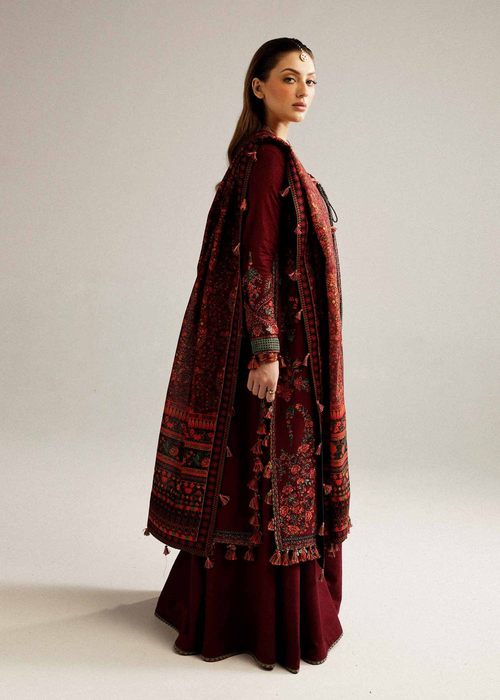 3 Piece Embroidered Dhanak Shirt with Printed Wool Shawl HR 730