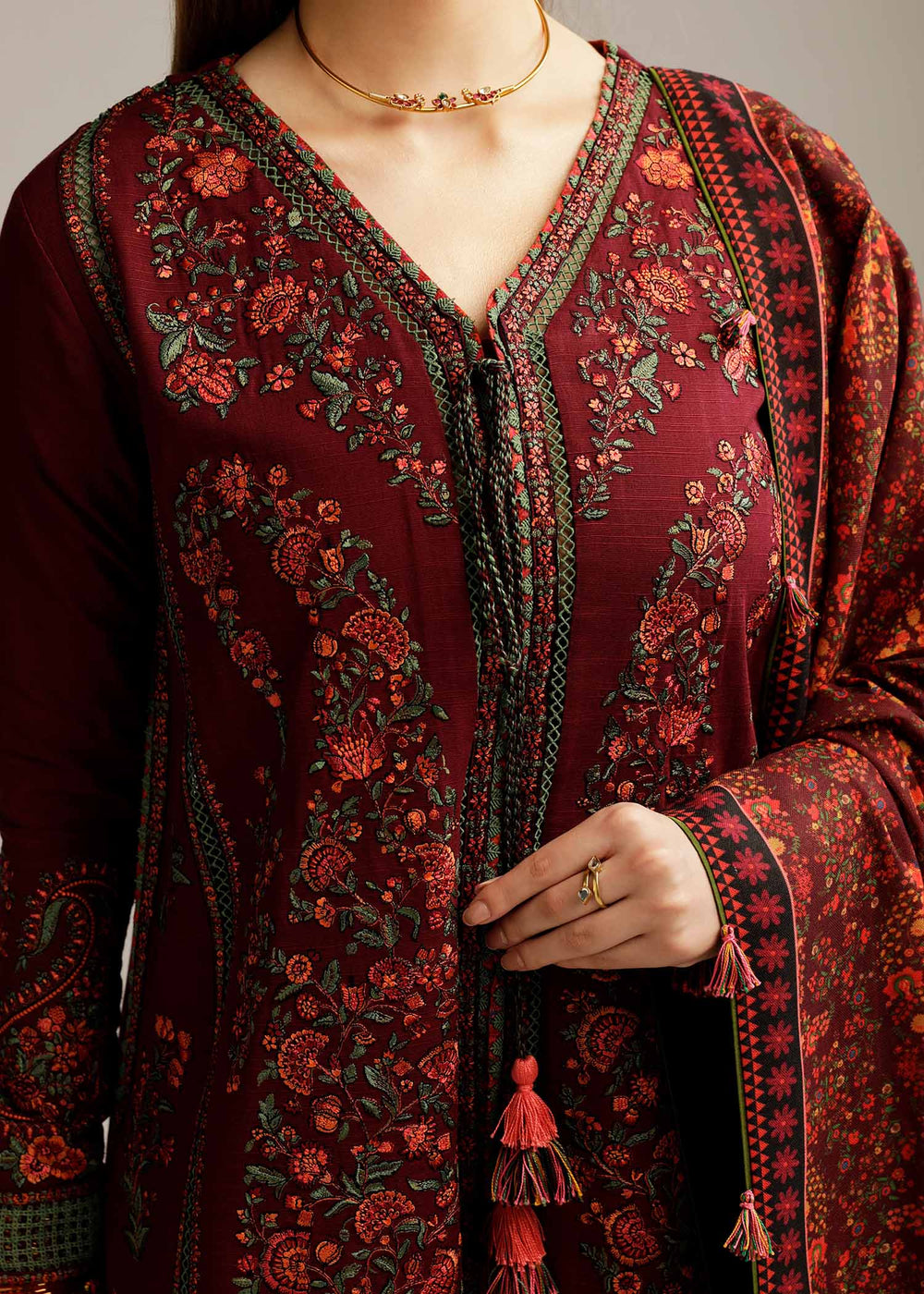 3 Piece Embroidered Dhanak Shirt with Printed Wool Shawl HR 730