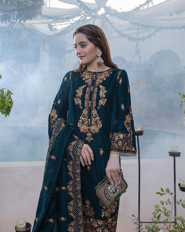 3 Piece Embroidered Velvet Shirt and Shawl with Silk Trouser MB 1060