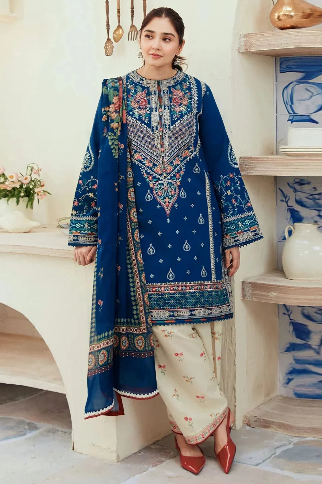 3 Piece Embroidered Dhanak Shirt with Printed Wool Shawl ZS 50