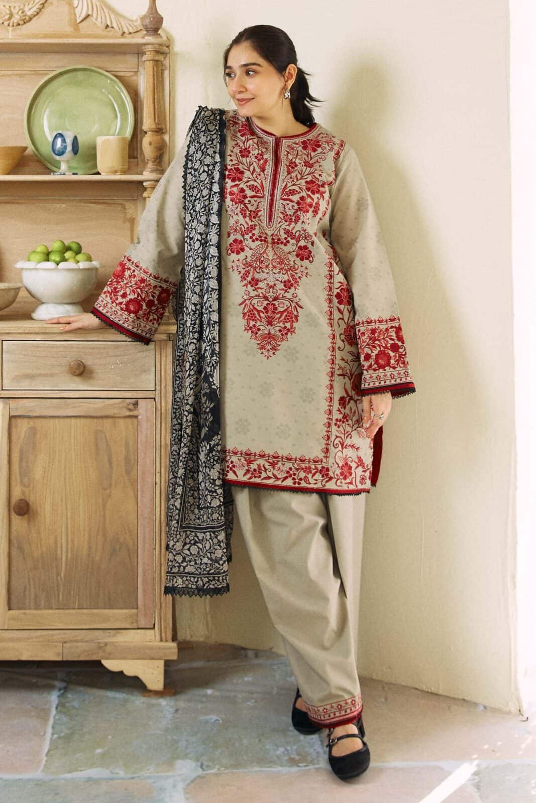 3 Pcs Embroidered Dhanak Shirt with Printed Wool Shawl ZS 57