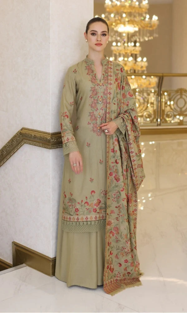 3 Piece Embroidered Dhanak Front with Embroidered Dhanak Shawl BR 955