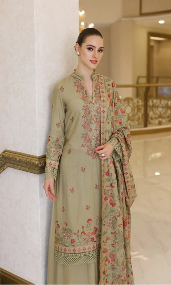 3 Piece Embroidered Dhanak Front with Embroidered Dhanak Shawl BR 955