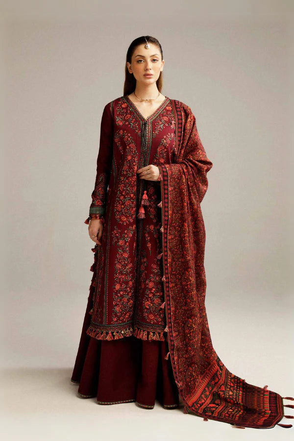 3 Piece Embroidered Dhanak Shirt with Printed Wool Shawl HR 730