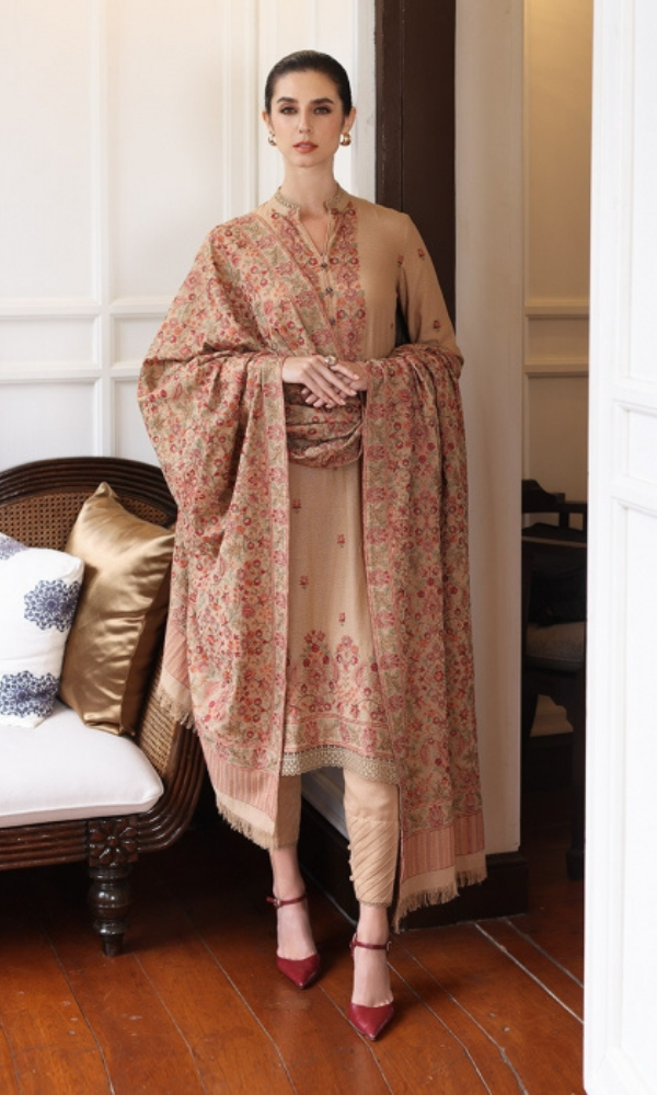 3 Piece Embroided Dhanak Shirt With Embroided Dhanak Shawl BR 685