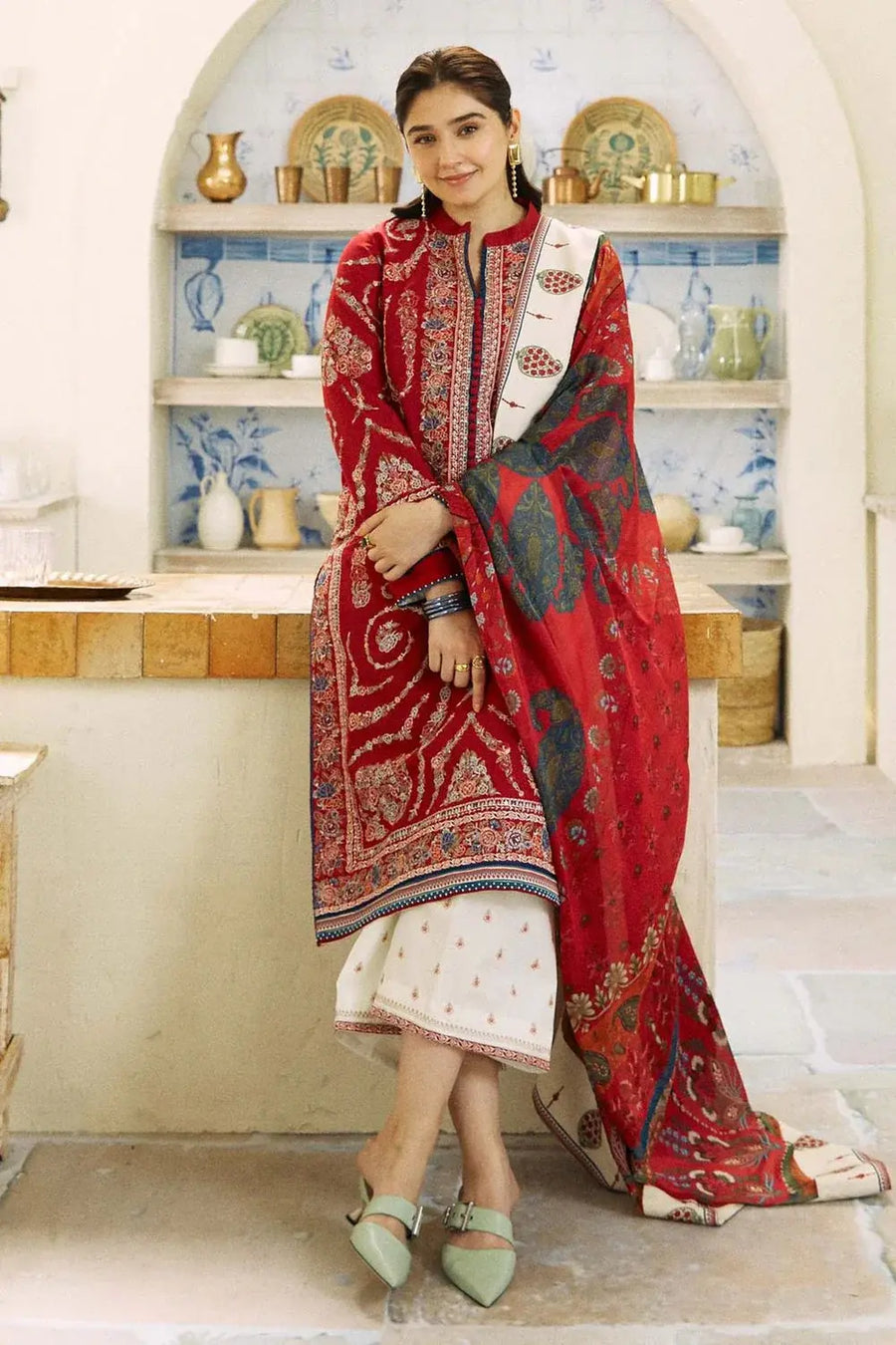 3 Piece Embroidered Dhanak Shirt and Trouser with Wool Shawl ZS 50B