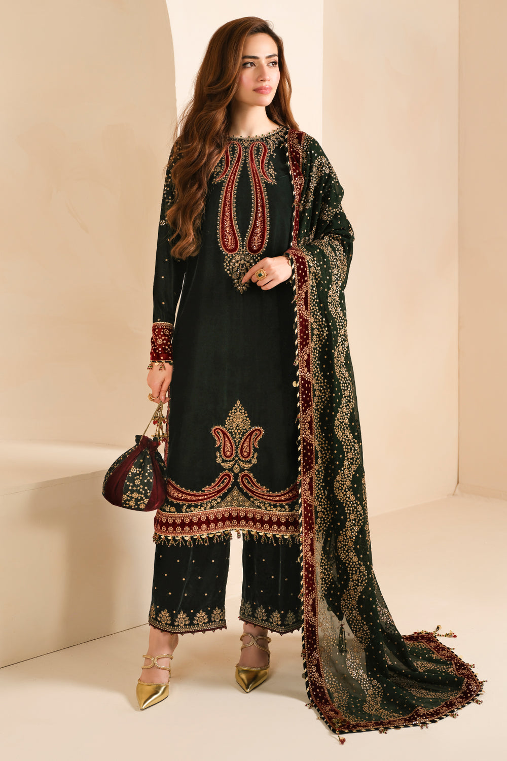 3 Pc Embroidered Velvet Shirt and Trouser with Chiffon Dupatta JZ 999