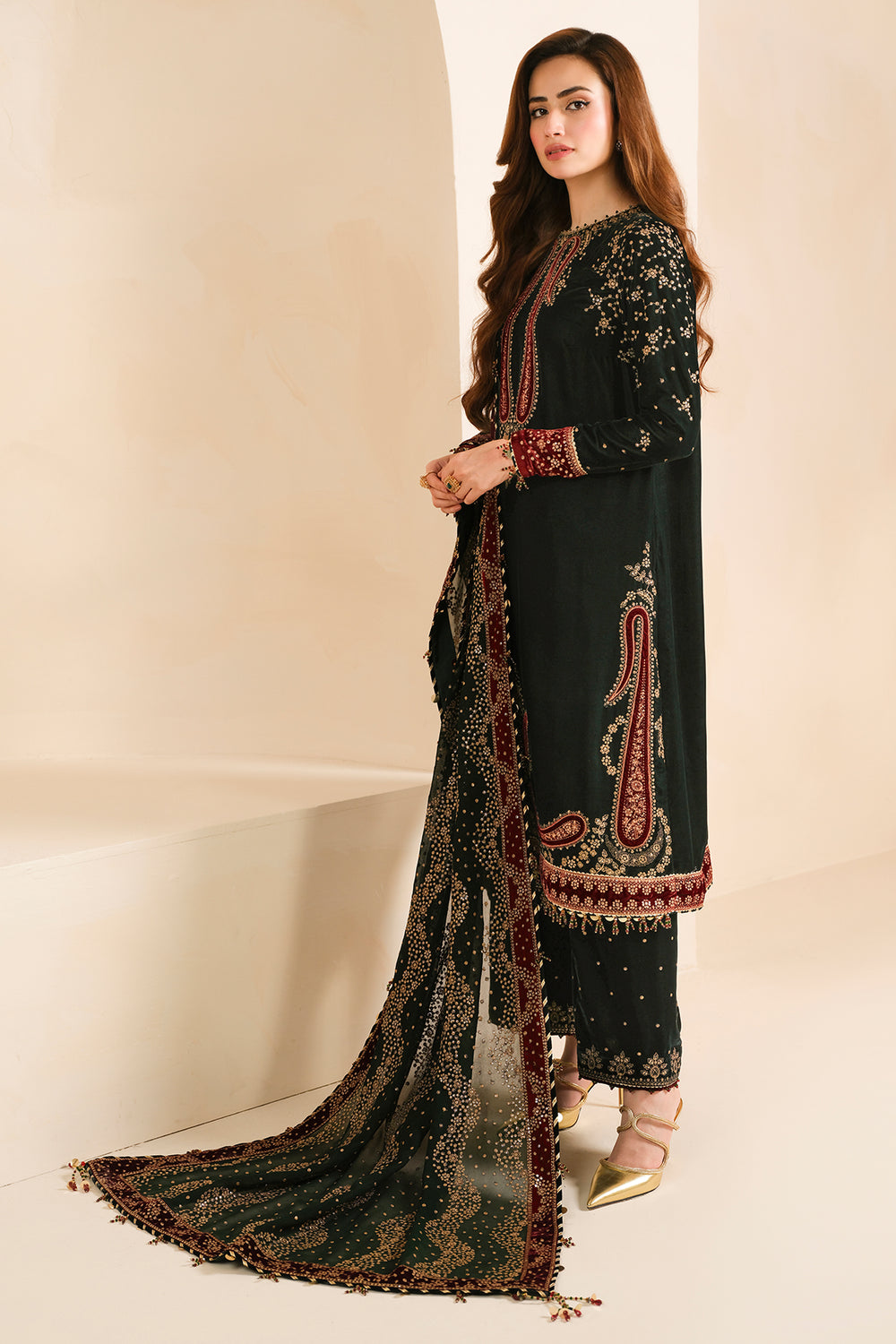 3 Pc Embroidered Velvet Shirt and Trouser with Chiffon Dupatta JZ 999