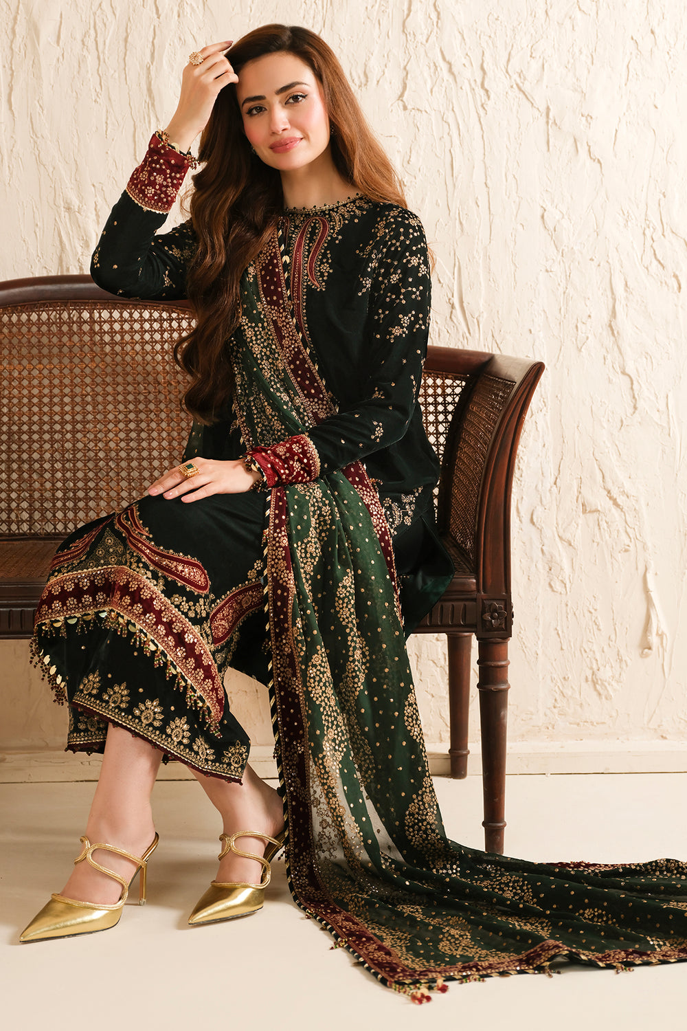 3 Pc Embroidered Velvet Shirt and Trouser with Chiffon Dupatta JZ 999