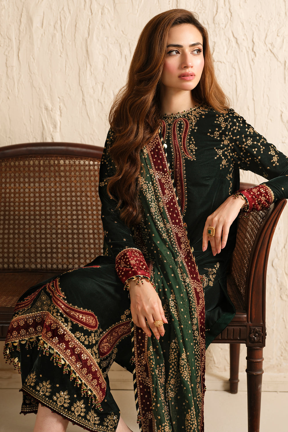 3 Pc Embroidered Velvet Shirt and Trouser with Chiffon Dupatta JZ 999