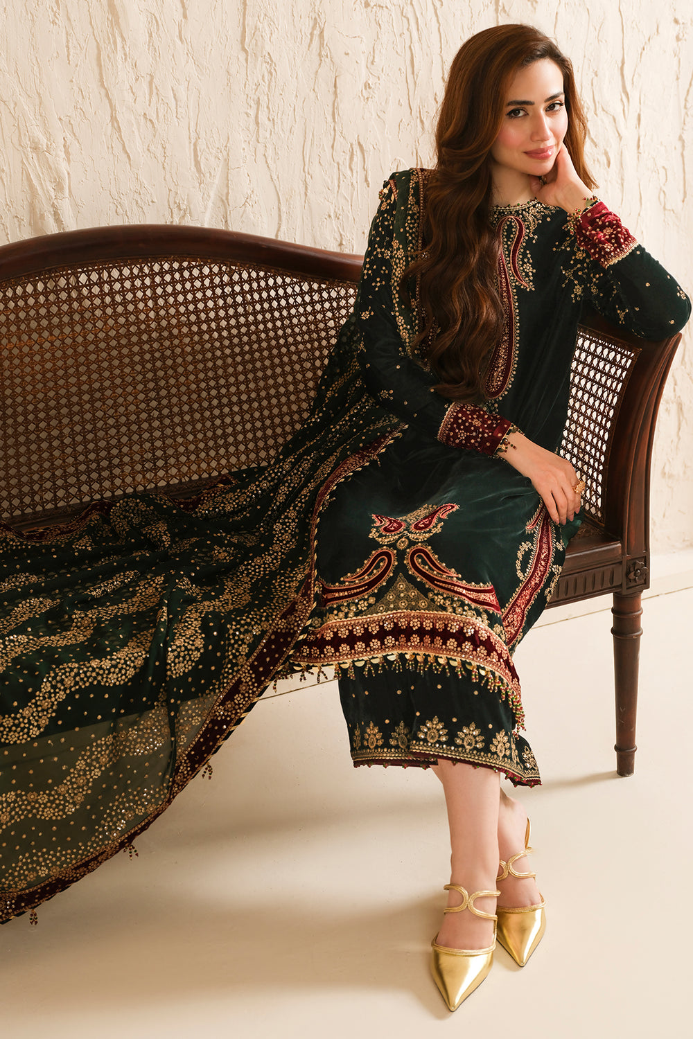 3 Pc Embroidered Velvet Shirt and Trouser with Chiffon Dupatta JZ 999