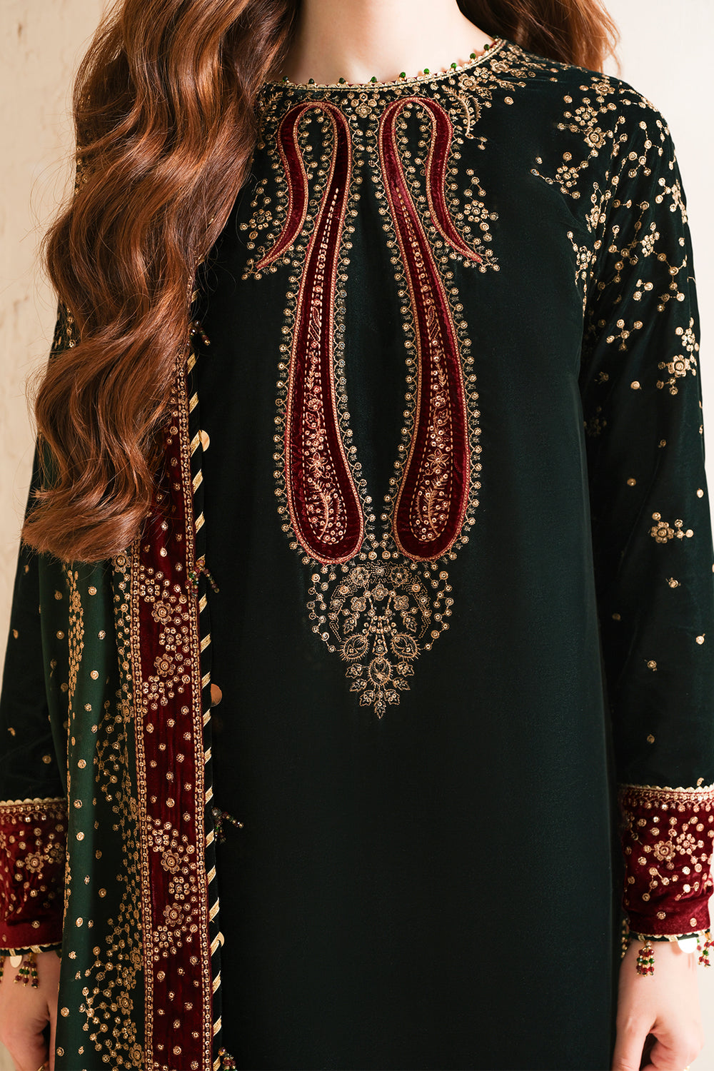 3 Pc Embroidered Velvet Shirt and Trouser with Chiffon Dupatta JZ 999