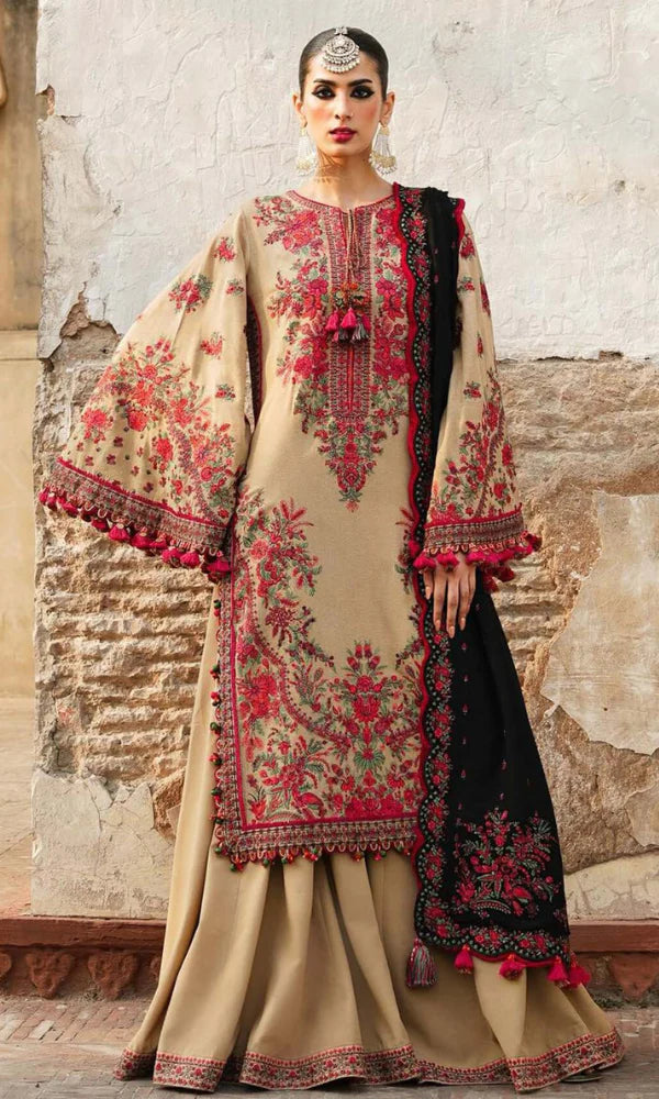 3 Piece Embroidered dhannak shirt with Embroidered dhannak shawl HR 690