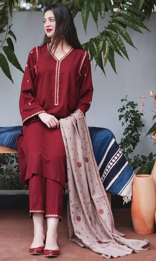 3 Piece Embroidered dhanak Shirt with Embroidered dhanak shawl BR 1110