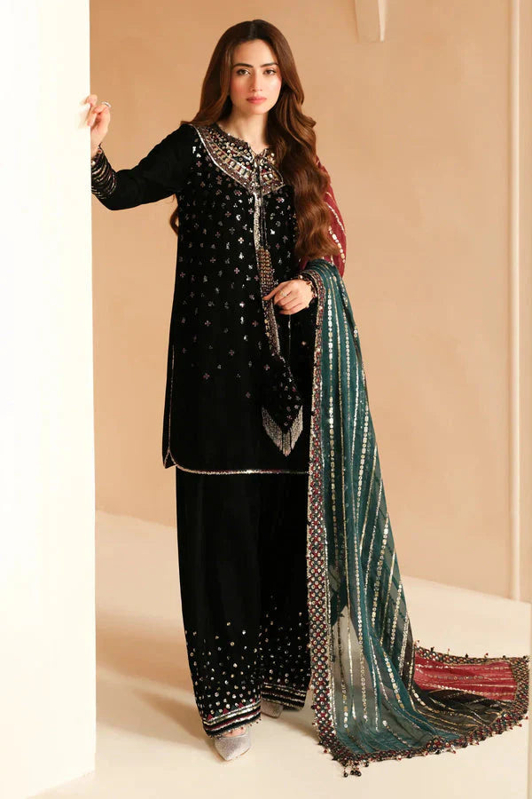 3 Pcs Embroidered Velvet Shirt and Trouser with Embroidered Chiffon dupatta JZ 995