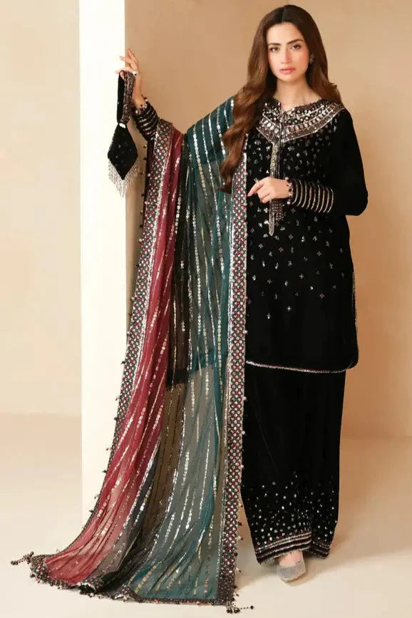 3 Pcs Embroidered Velvet Shirt and Trouser with Embroidered Chiffon dupatta JZ 995