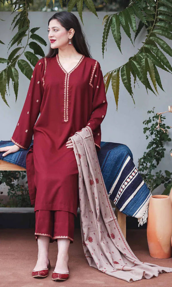 3 Piece Embroidered dhanak Shirt with Embroidered dhanak shawl BR 1110