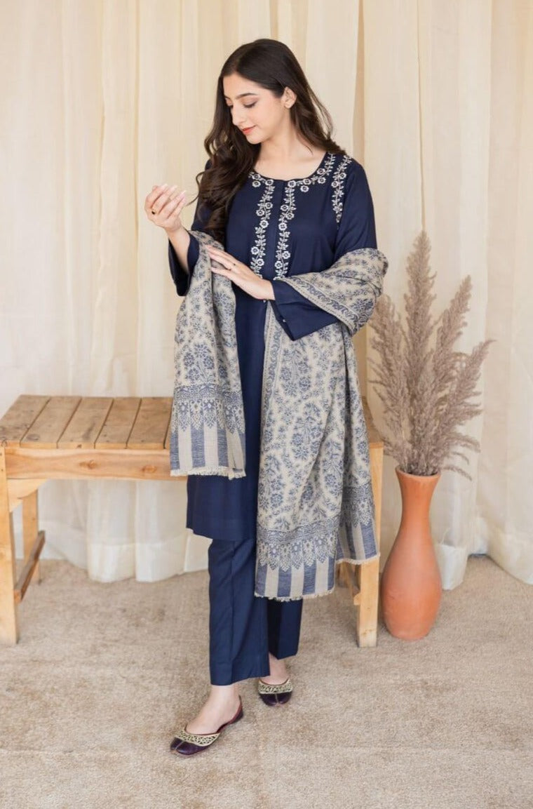 3 Piece Embroidered Shirt with Printed Wool Shawl MB 830